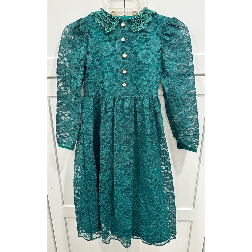 Peaches 'n Cream Girls Emerald Green Lace Dress Pearl Button Vintage Style Sz 10